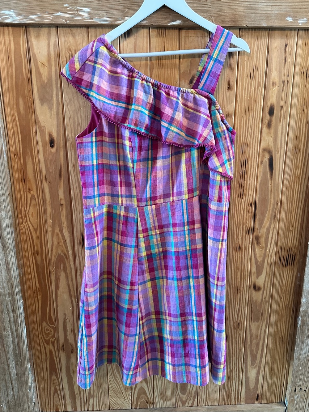 One-Shoulder Pink Plaid Dress